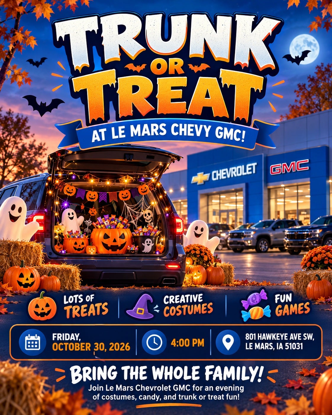 Le Mars Chevrolet GMC Trunk or Treat Friday October 30, 2026 from 4 PM to 6 PM